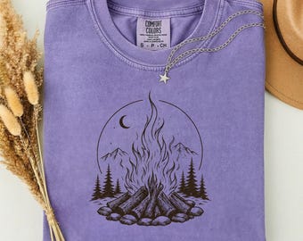 Campfire Graphic Tee, Minimalist Mountain Camping Shirt, Outdoor Adventure Gift for Nature Lovers