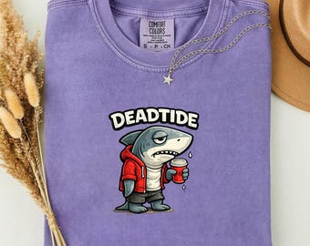 DEADTIDE Shark T-Shirt, Funny Grumpy Shark Coffee Graphic Tee, Gift for Coffee Lover