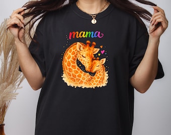 Mama Giraffe Heart Graphic Tee, Mother Baby Safari Animal Shirt