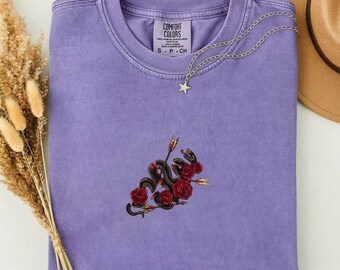 Snake and Rose Tattoo T-Shirt, Gothic Floral Graphic Tee, Edgy Alternative Gift