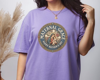 Maternal Grace Madonna Child Graphic Tee, Vintage Religious Mother's Day Shirt