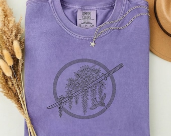 Japanese Katana Graphic Tee, Wisteria Crane Samurai Art Shirt, Zen Bushido Gift