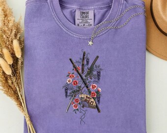 Japanese Katana Graphic Tee, Traditional Samurai Floral Art Shirt, Zen Bushido Gift