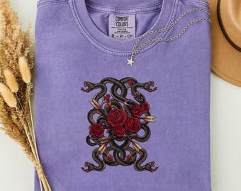 Gothic Snake and Rose T-Shirt, Tattoo Style Floral Graphic Tee, Edgy Alternative Gift