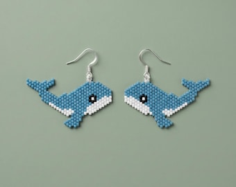 Patrón de pendientes de cuentas con puntada peyote de ballena azul / Cuentas de animales marinos / Miyuki Delica 11/0 / PDF de joyería náutica DIY