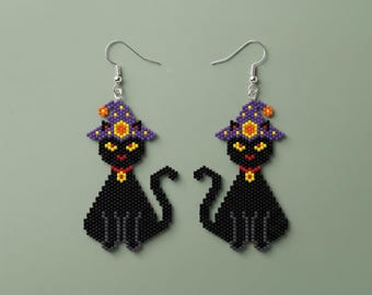 Patrón de pendientes de cuentas de gato para Halloween / Tutorial de cuentas de peyote / Miyuki Delica 11/0 / Joyería espeluznante en PDF (Descarga digital)