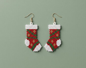 Christmas Stocking Beaded Earrings Pattern, Brick Stitch Seed Bead Tutorial, Miyuki Delica 11/0, Holiday Jewelry PDF (Digital Download)