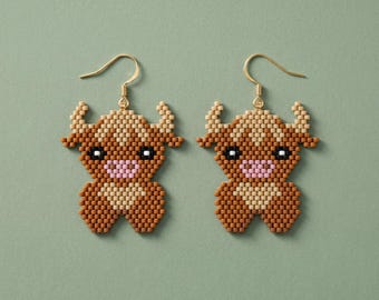 Patrón de pendientes de cuentas de vaca de las Tierras Altas / Tutorial de punto ladrillo / Miyuki Delica 11/0 / Joyería escocesa Gentle Giant DIY / Descarga digital en PDF