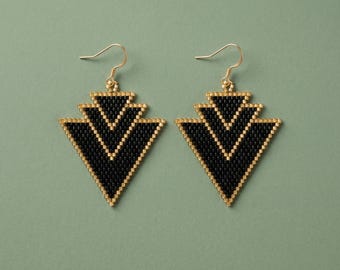 Geometric Brick Stitch Beaded Earrings Pattern | Gold and Black Chevron Seed Bead Tutorial | Miyuki Delica 11/0 | Art Deco Jewelry PDF