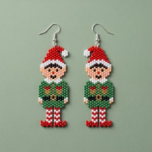May include: A pair of dangle earrings crafted from small beads, shaped like Christmas elves. Each elf features a red hat with a white pom-pom, a peach-colored face, a green tunic with a black belt, and red and white striped legs with red shoes.