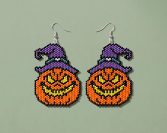 Patrón de cuentas para pendientes de Halloween con forma de calabaza / Tutorial de cuentas para sombrero de bruja con puntada peyote / Miyuki Delica 11/0 / Descarga del PDF de joyería espeluznante