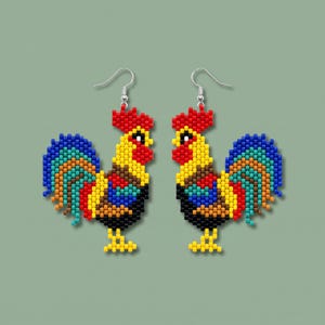 May include: A pair of beaded rooster earrings. Each earring features a colorful rooster design with a red comb, yellow body, and blue, green, and brown tail feathers. The earrings have silver-colored fish hook ear wires.