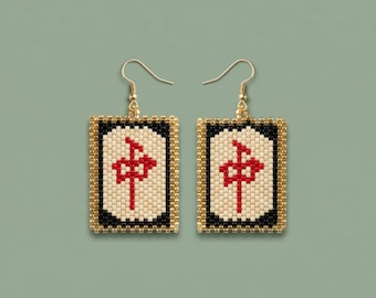 Patrón de aretes de cuentas de Mahjong / Tutorial de puntada peyote / Colores Miyuki Delica 11/0 / Joyería artesanal de fichas de Mahjong / PDF de Chung Red Dragon