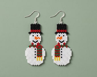 Patrón de pendientes de muñeco de nieve invernales con cuentas / Tutorial de cuentas de peyote / Miyuki Delica 11/0 / Joyería navideña en PDF (descarga digital)