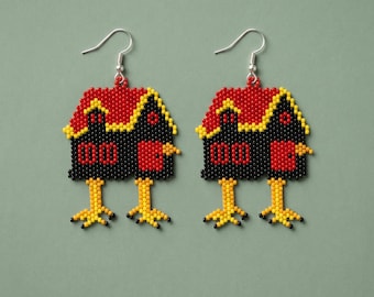 Patrón de pendientes de cuentas de la Casa de Baba Yaga / Tutorial de cuentas de semillas con puntada peyote / Joyería folclórica de brujería / Miyuki Delica 11/0 (Descarga digital)
