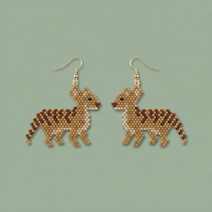 May include: A pair of dangle earrings featuring a beaded cat design. Each earring is crafted from small square beads in shades of tan, brown, and cream, forming a striped feline figure. The earrings hang from gold-toned metal fishhook wires.