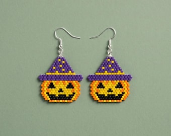 Patrón de pendientes de calabaza de Halloween con cuentas / Tutorial de punto ladrillo con sombrero de bruja y linterna de Halloween / Miyuki Delica 11/0 / PDF de joyería de Halloween