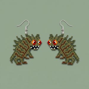 May include: A pair of dangle earrings crafted from small, square beads in shades of olive green, brown, and tan. The earrings feature a creature design with prominent orange eyes, a wide black mouth, and white teeth, suspended from silver-tone hooks.