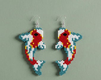 Koi Fish Beaded Earrings Pattern | Peyote Stitch Seed Bead Tutorial | Miyuki Delica 11/0 | Animal Jewelry Digital PDF Download