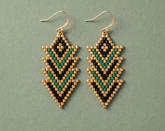 Patrón de pendientes geométricos con cuentas, tutorial de punto ladrillo con cuentas de semillas, Miyuki Delica 11/0, joyería Art Deco (descarga digital)