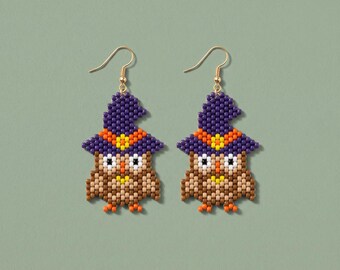 Patrón de pendientes de búho vintage para Halloween con cuentas, tutorial de punto peyote con cuentas de semillas, Miyuki Delica 11/0, PDF de joyería espeluznante (descarga digital)