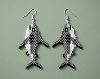 Patrón de pendientes de cuentas con puntada peyote de tiburón y pez / Tutorial de cuentas de animales marinos / Miyuki Delica 11/0 / PDF de joyería de vida marina