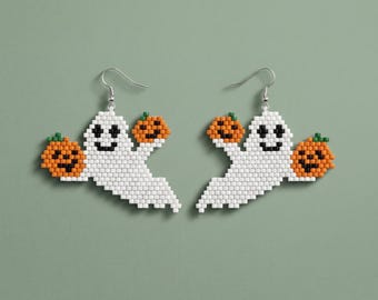 Patrón de pendientes de fantasmas de Halloween con cuentas / Tutorial de cuentas de calabaza con puntada de ladrillo / Miyuki Delica 11/0 / PDF de joyería espeluznante