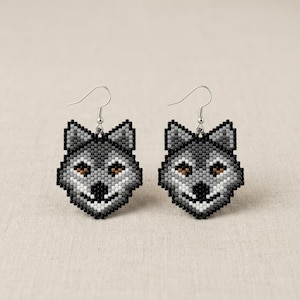 Wolf Beaded Earrings Pattern | Peyote Stitch Tutorial | Miyuki Delica 11/0 Colors | DIY Wildlife Animals Jewelry Gift | Digital PDF Download