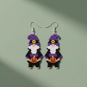 Puede incluir: Un par de pendientes colgantes de cuentas con un diseño de gnomo. Cada gnomo lleva un gorro morado con un detalle amarillo, una barba blanca y un traje negro, mientras sostiene una pequeña calabaza naranja. Cuelgan de ganchos de metal plateado.