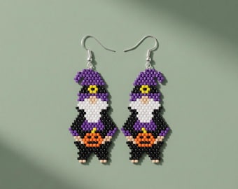 Schema per orecchini di perline a forma di gnomo di Halloween, tutorial per perline a punto mattone a forma di cappello da strega, Miyuki Delica 11/0, download digitale PDF di gioielli spettrali
