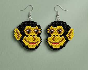 Cute Monkey Beaded Animal Earrings Pattern | Brick Stitch Seed Bead Tutorial | Miyuki Delica 11/0 |  Animal Jewelry Digital PDF Download