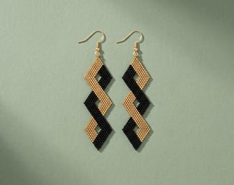 Geometric Beaded Earrings Pattern PDF, Black And Gold Brick Stitch Seed Bead Tutorial, Miyuki Delica 11/0, Art Deco Jewelry Digital Download