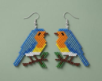 Patrón de pendientes de cuentas con diseño de pájaro cantor / Tutorial de cuentas de semilla con puntada de ladrillo / Miyuki Delica 11/0 / Joyería de naturaleza primaveral / Descarga digital en PDF