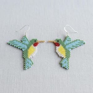 Hummingbird Brick Stitch Beaded Earrings Pattern | Miyuki Delica 11/0 Seed Bead Bird Jewelry PDF Tutorial | DIY Nature Craft Design