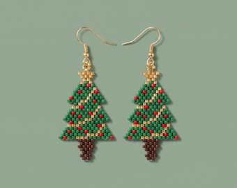 Christmas Tree Beaded Earrings Pattern, Brick Stitch Seed Bead Tutorial, Miyuki Delica 11/0, Festive Winter Earrings (Digital Download)