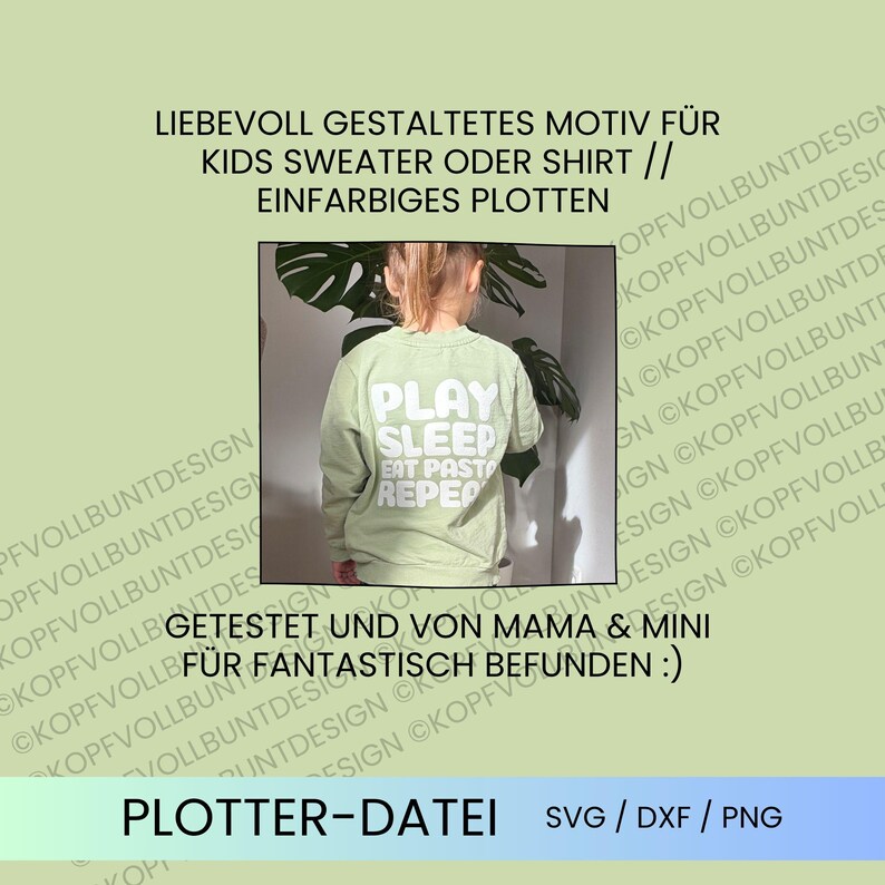 May include: A light green long-sleeve sweatshirt featuring white text on the back that reads PLAY SLEEP EAT PASTA REPEAT. The garment is displayed in a central rectangular frame against a light green background with repeating text.