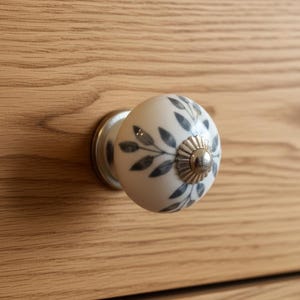 Vintage Silver Ceramic Leaf Design Knobs, 4cm x 7cm -One pair