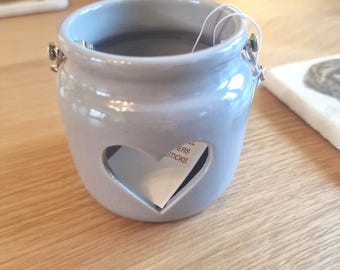 Grey Porcelain Heart Tealight Holder with Rope Handle H7cm