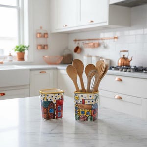 Pair of Colourful Whimsical Village Ceramic Pots H4.5"