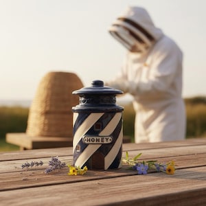 Coastal Novelty Honey Pot | Navy Blue & White Stripe H5"