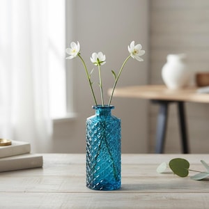 Tall Blue Glass, Patterned Flower Vase Or Diffuser Bottle, 13.5cm