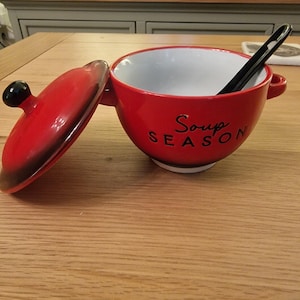 Red Stoneware Soup Bowl with Lid and Spoon