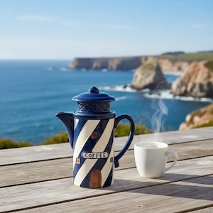 Coastal Novelty Coffee Pot | Navy Blue & White Stripe H9"