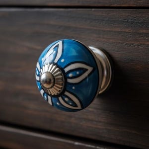Ceramic Drawer Knobs | Vibrant Blue with White Petal & Silver Centre | Sold in Pairs