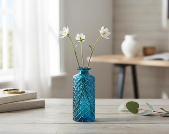 Tall Blue Glass, Patterned Flower Vase Or Diffuser Bottle, 13.5cm