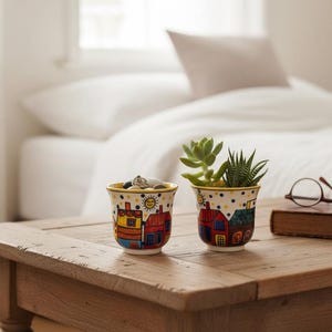Pair of Colourful Whimsical Village Ceramic Cache Pots H4"