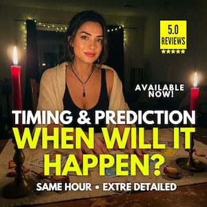 Può includere: Annuncio pubblicitario per un servizio di lettura psichica. L'immagine mostra una donna con carte dei tarocchi, illuminata da candele rosse. Il testo recita "TIMING & PREDICTION WHEN WILL IT HAPPEN?" e "AVAILABLE NOW!". Viene visualizzata anche una valutazione di 5,0.