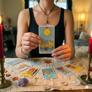 K&ouml;nnte beinhalten: Eine Tarotkarte mit einem gelben Sonnen- und Monddesign, beschriftet mit "THE MOON", wird hochgehalten. Andere Tarotkarten sind auf einem Tisch ausgebreitet. Zwei rote Kerzen in Messinghaltern flankieren die Szene. Ein lila Kristall und ein Ring sind ebenfalls zu sehen.