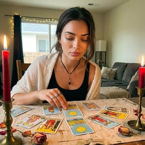 K&ouml;nnte beinhalten: Eine Person sitzt an einem Tisch mit Tarotkarten. Zwei rote Kerzen in Messinghaltern sind angez&uuml;ndet. Der Tisch ist mit einem gemusterten Tuch bedeckt, und getrocknete Rosenbl&auml;tter sind um die Karten verstreut. Im Hintergrund befindet sich ein Sofa.