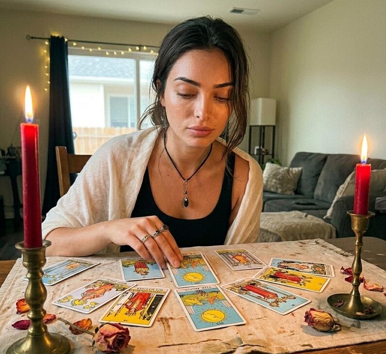 K&ouml;nnte beinhalten: Eine Person sitzt an einem Tisch mit Tarotkarten. Zwei rote Kerzen in Messinghaltern sind angez&uuml;ndet. Der Tisch ist mit einem gemusterten Tuch bedeckt, und getrocknete Rosenbl&auml;tter sind um die Karten verstreut. Im Hintergrund befindet sich ein Sofa.